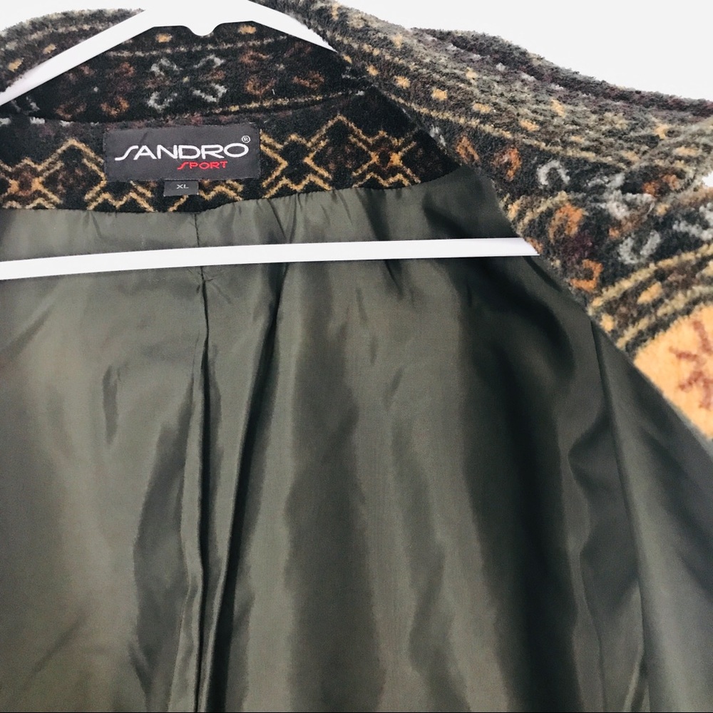 Vintage Sandro Sport Fleece Green Tan Pattern Poly Pile Collar Button Up Jacket - Picture 2 of 16